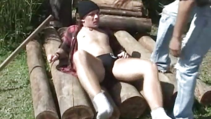 Outdoors Gay Blowjob With Two Lumberjacks