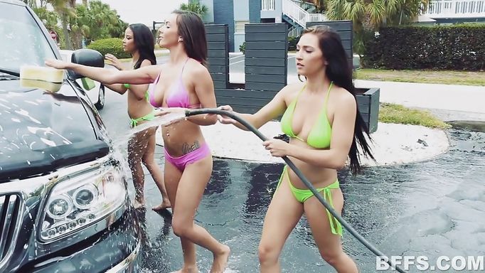 Sexy Babes Get Soapy And Suck Cock At The Car Wash